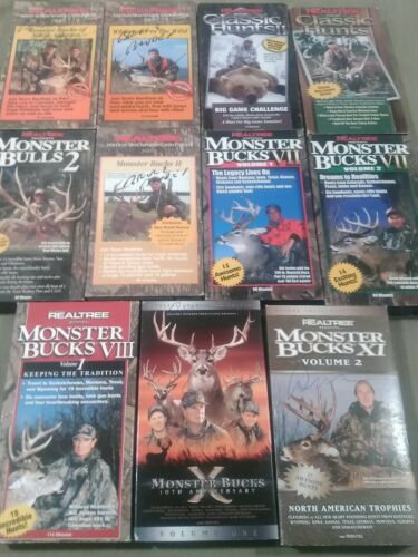 Lot 11 VHS Hunting Tapes REALTREE Monster Bucks Bulls Deer Moose Big Game Bear