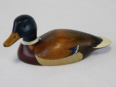 Vintage Duck Decoy Hand Carved Wooden Mallard Glass Eyes Signed By Artist/Carver
