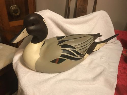 LARGE DUCKS UNLIMITED CARVED WOODEN DUCK, DRAKE PINTAIL DECOY, BY JOHN GEWERTH