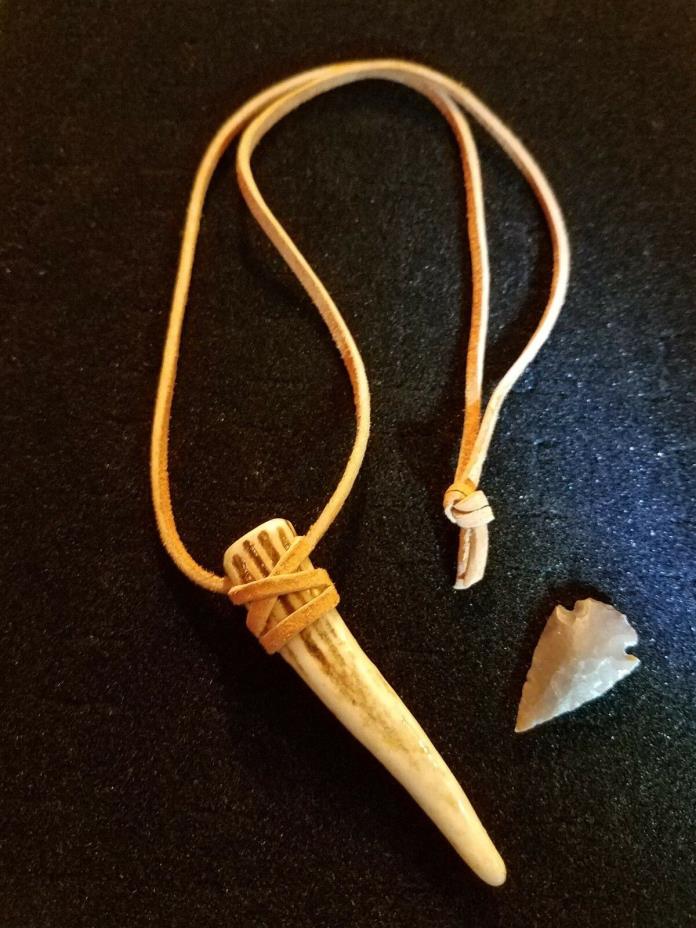 deer antler jewelry hand crafted leather necklace hunter style w/free arrow head