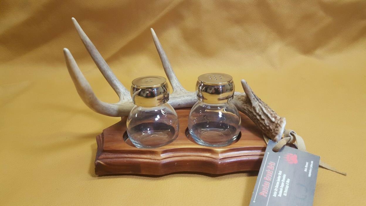 REAL WHITETAIL DEER ANTLER SALT AND PEPPER HOLDER WITH SHAKERS