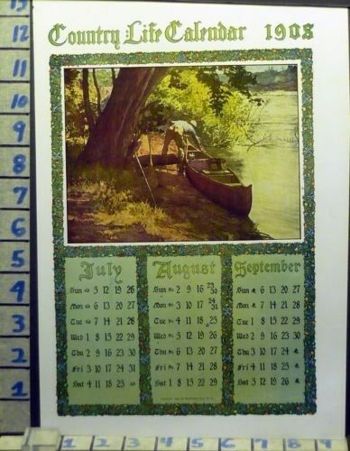 1908 CALENDAR FISH CANOE RIVER FOREST SPORT HUNT OUTDOOR VINTAGE ART  AP26