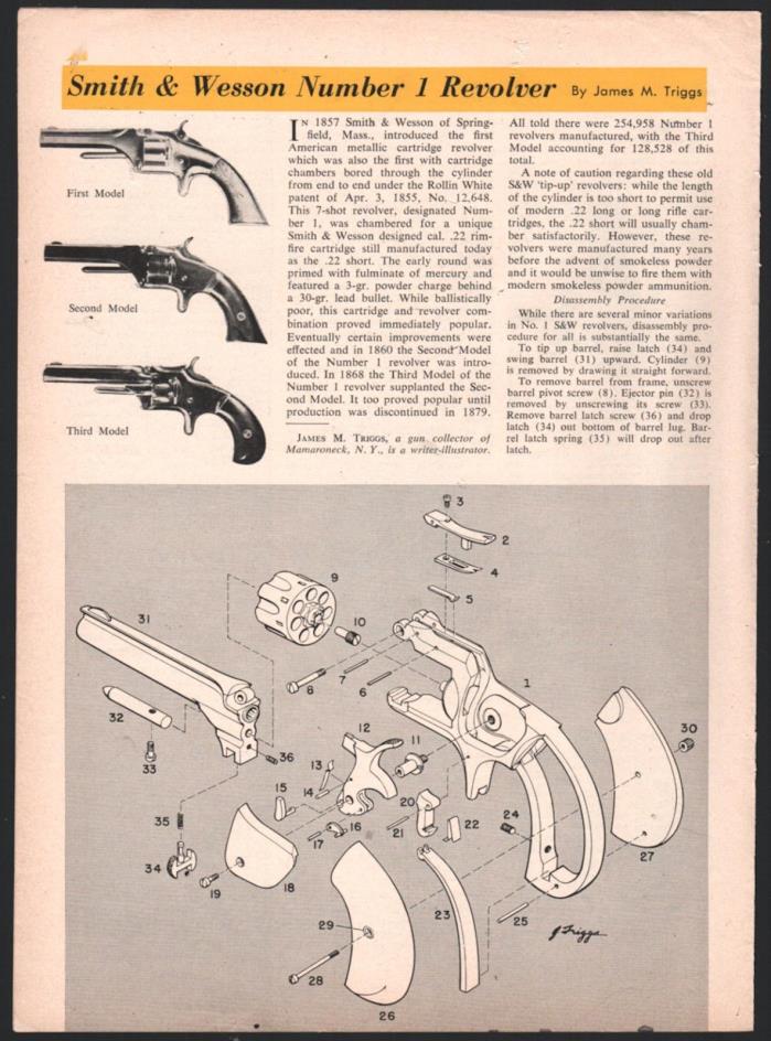 1959 SMITH & WESSON Number 1 Revolver Exploded Parts List 2-pg Assembly Article