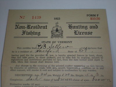 1923 VERMONT Fish and GAME Licence Hunting Fishing  Fold out with VT Game Tag