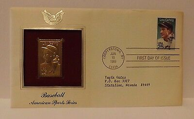 NY YANKEES LOU GEHRIG 1989 FIRST DAY ISSUE COOPERSTOWN REPLICA GOLD FOIL STAMP