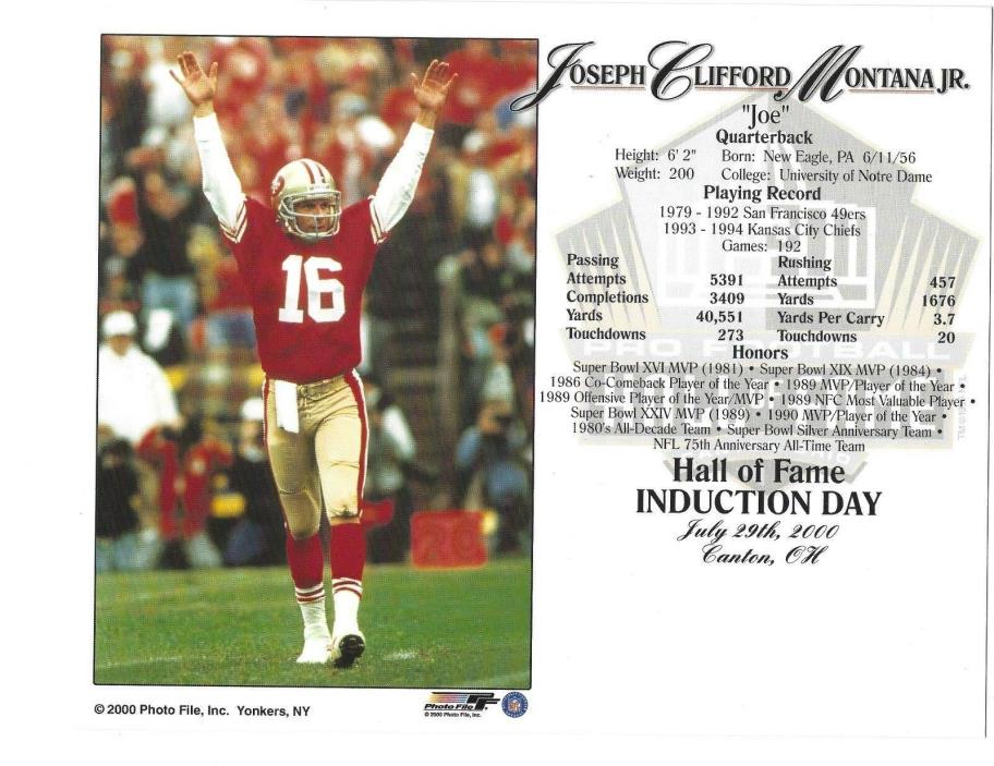 2000 Joe Montana 49ers Football Hall of Fame Induction 8 x 10 Stat Card