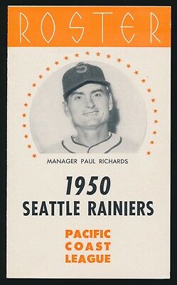 1950 SEATTLE RAINIERS *Roster/Schedule Card* -PAUL RICHARDS Mgr, TOMMY BRIDGES