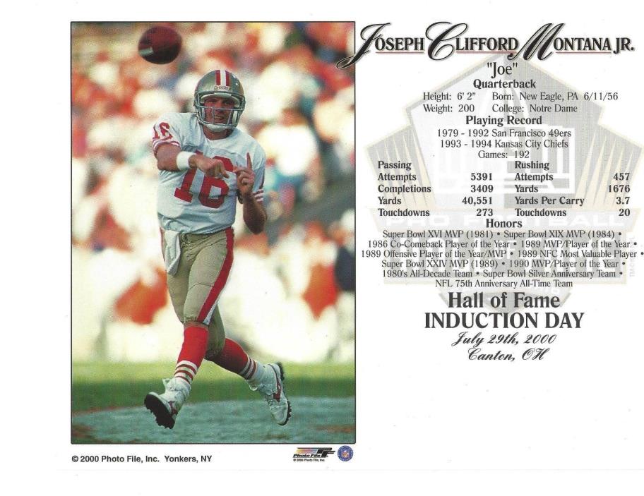 Joe Montana 49ers Football Hall of Fame Induction 8 x 10 (White Jersey) Card