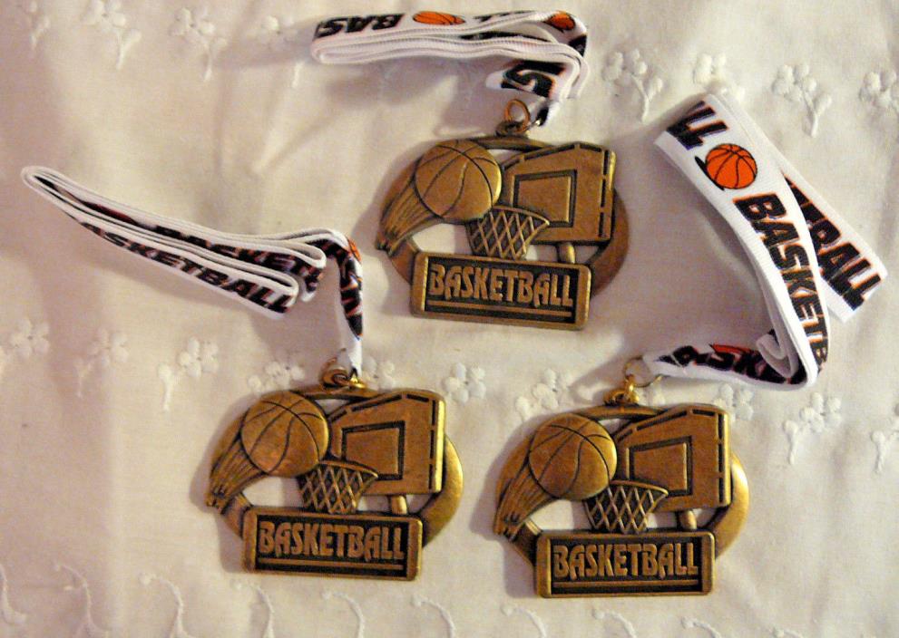 NEW! 3 Basketball Brass Sports Medal Medallion Lanyard by Crown Trophy Made USA