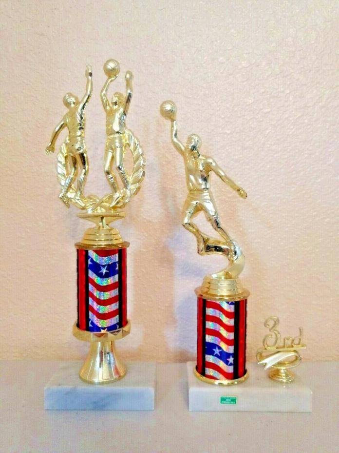 2 Red, White & Blue Basketball Trophies with Marble Bases, some chipped paint