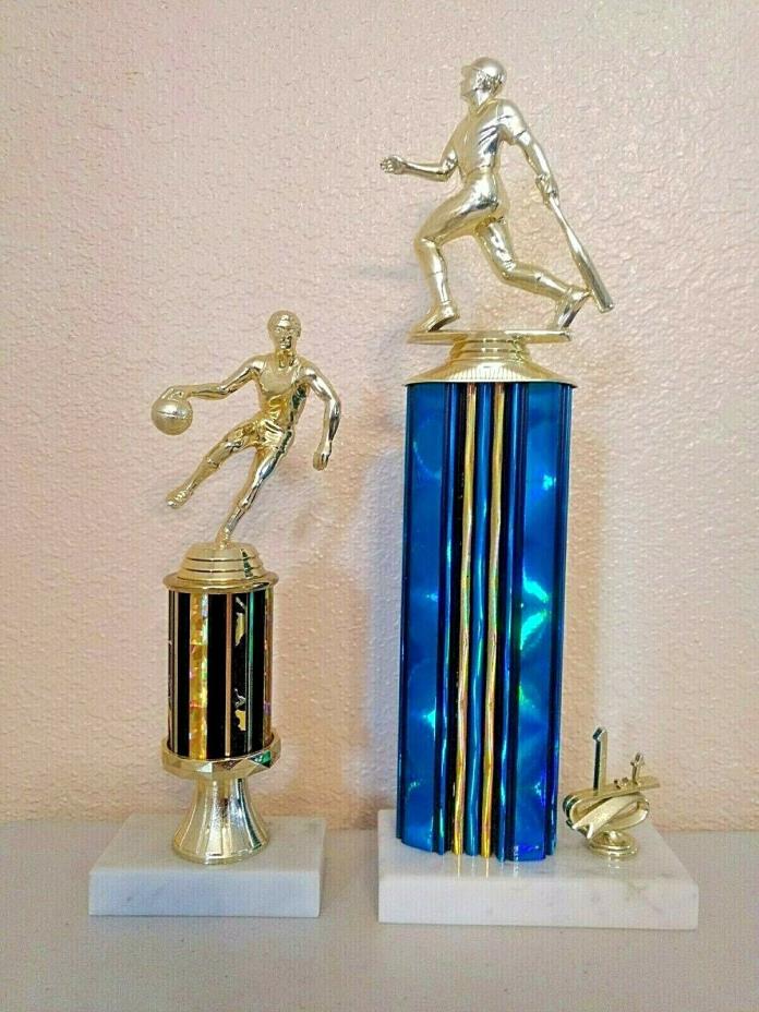 Set of 2 - Baseball + Basketball Trophies with Marble Bases, both with damages