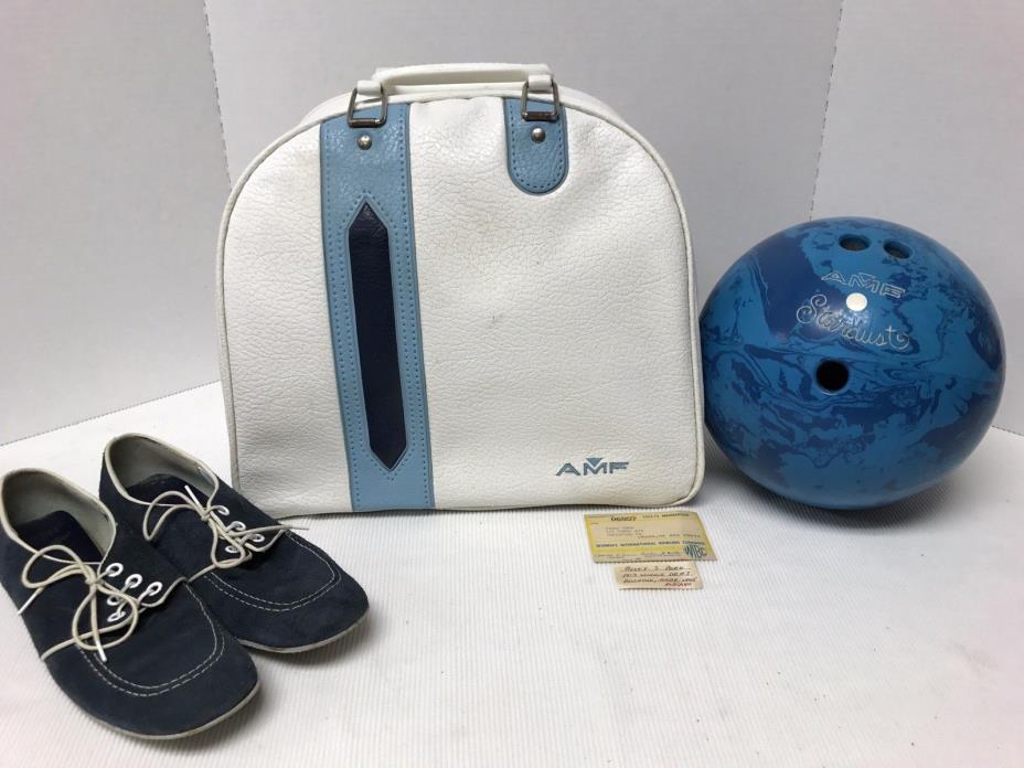 Vintage 70s AMF Blue Swirl STARDUST BOWLING BALL & Bag & Shoes