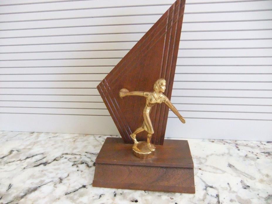 Vtg Women's Wooden & Gold Tone Metal Bowling Trophy 1950's - Mid Century Decor