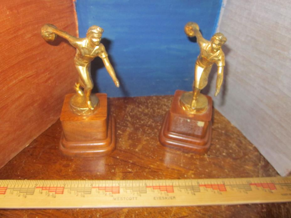 Vintage Lot of 2 Bowling Trophy Wood Base Smaller Size