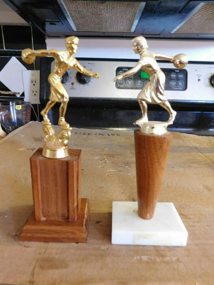 PAIR OF MID-CENTURY WALNUT/MARBLE  BOWLING TROPHIES W/METAL TOPPERS GROUP #3