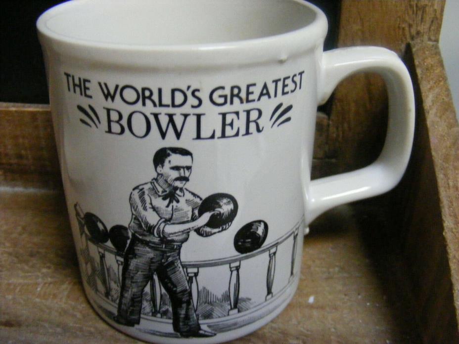 COFFEE MUG WORLDS GREATEST BOWLER Vintage Made in Japan Great BOWLING Graphics