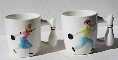Bowling Lefton Bowling Coffee Mugs-Cups Bowling Pin Handle Set of 2-Vintage-CUTE