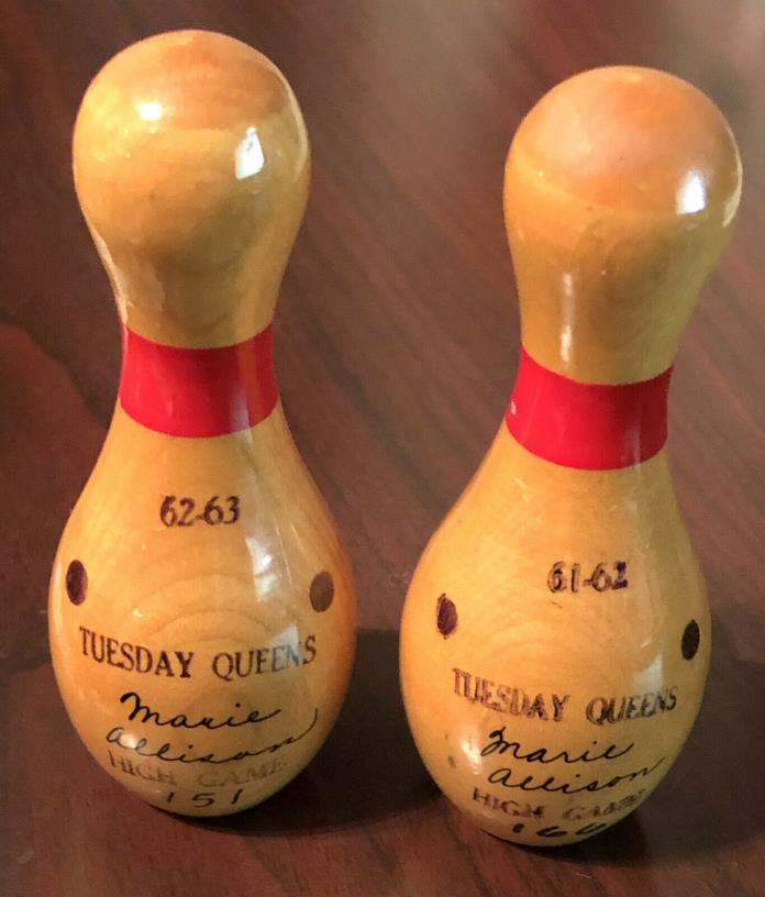 2 Vintage Wooden Bowling Pins High Score Award 1961 1962 1963 FREE SHIPPING