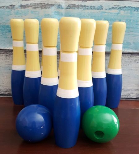 Vintage Blue & Yellow Wooden Bowling Pins & 2 Balls with Bag