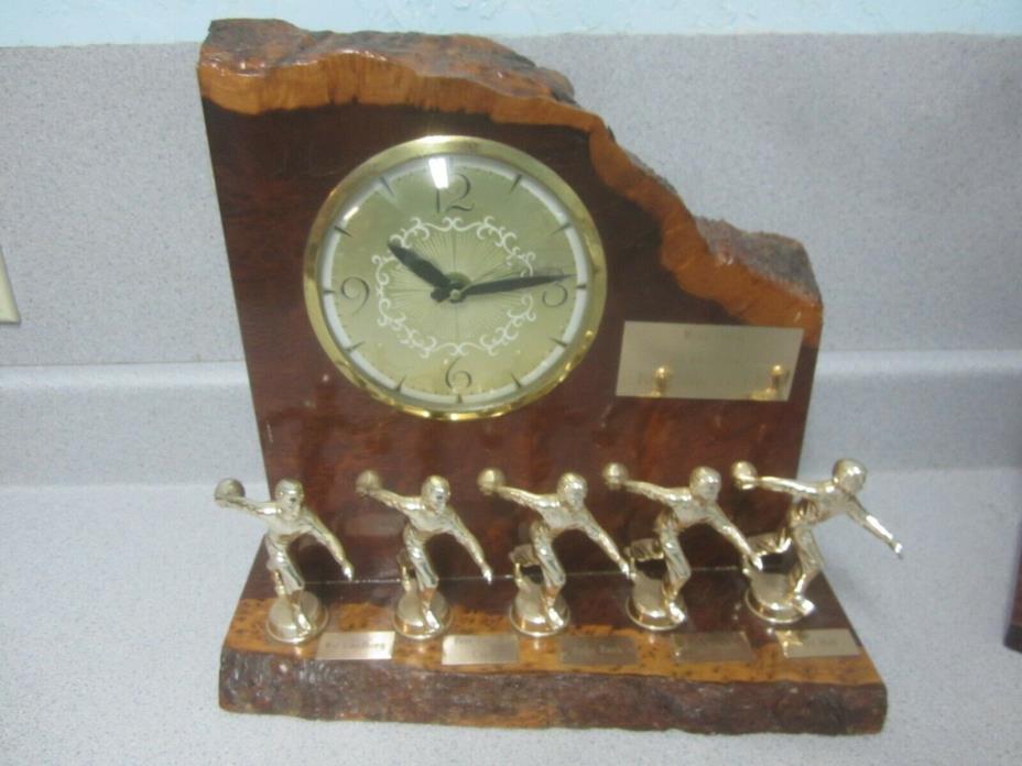 BOWLING TEAM TROPHY 1963-64  REDWOOD BURL LANSHIRE Self Starting Clock WORKS!