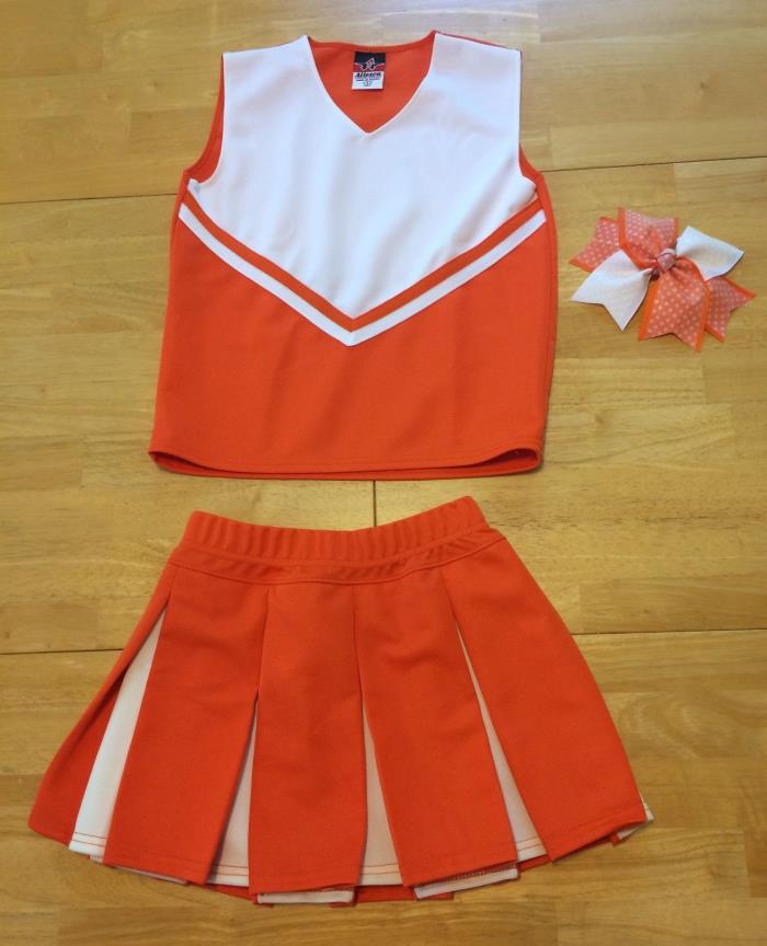 Alleson Cheerleading Orange White V Shell Top Multi Pleat Skirt Bow M L 7 8