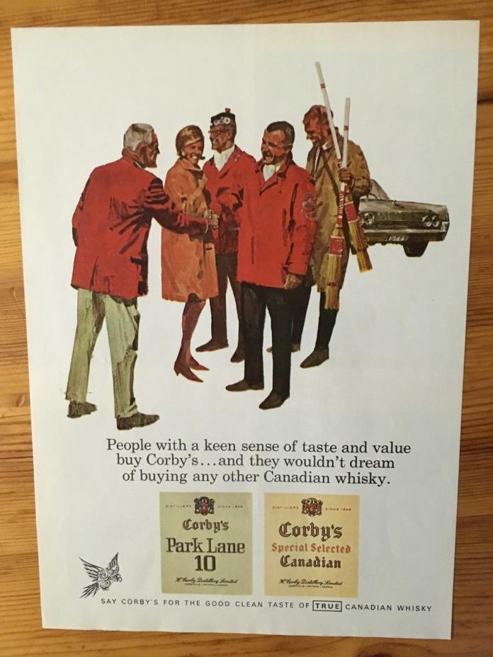 SUPER RARE 1966  CURLING AD PIN ICE BROOM PIN SWEEP CORBY'S WHISKY
