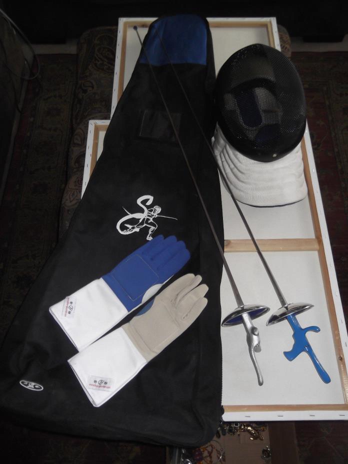 Blue Gauntlet Fencing Lot x2 Foil Swords Helmet Gloves With Backpack Carry Case