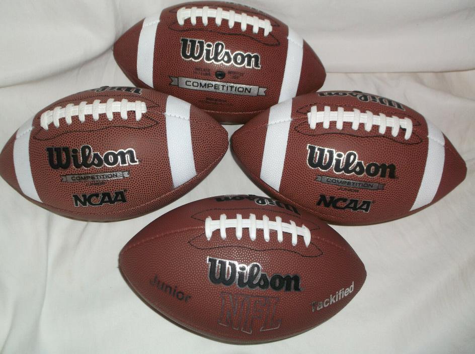 LOT/SET OF 4 JUNIOR SIZE FOOTBALLS NCAA COMPETITION & NFL TACKIFIED MVP