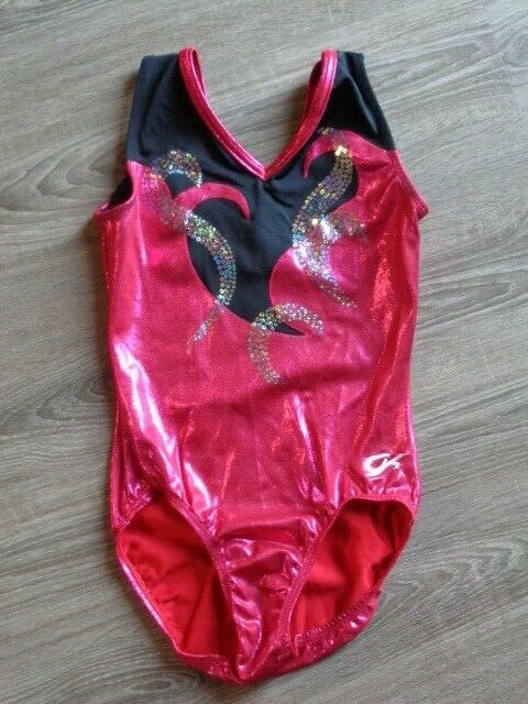 GK ELITE GYMNASTIC LEOTARD COMPETITION FLAMES FOIL AS ADULT SMALL NEW Hot Pink