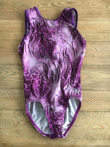 GK Elite Gymnastics Leotard Purple Metallic Leopard Criss Cross Back AXS