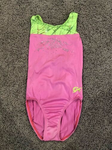 GK Elite Gymnastic Leotard, pink and lime with rhinestones, size AXS