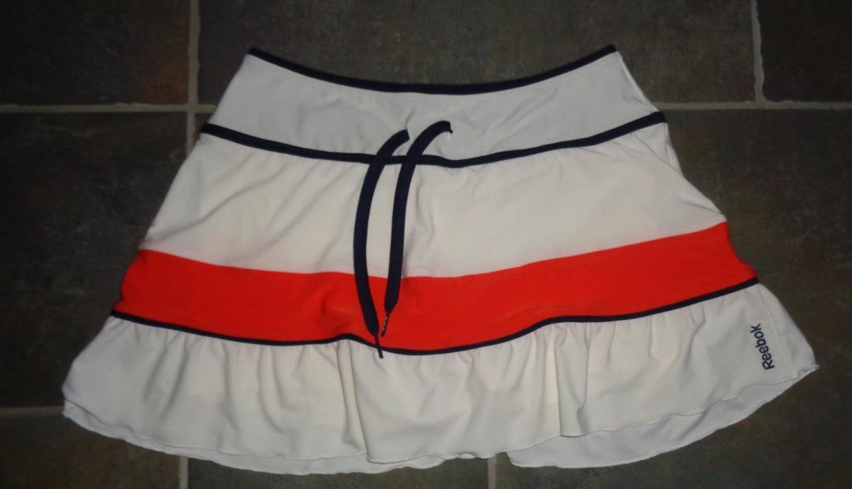 Women's S White Tennis Skirt Skort Ruffled Hem White Orange Blue REEBOK