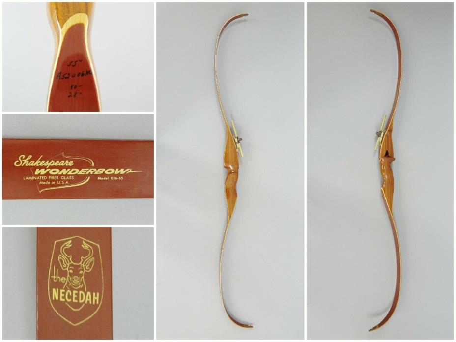 Vintage Necedah Shakespeaere Wonderbow Model X26-55 Recurve Bow & Reynolds Sight