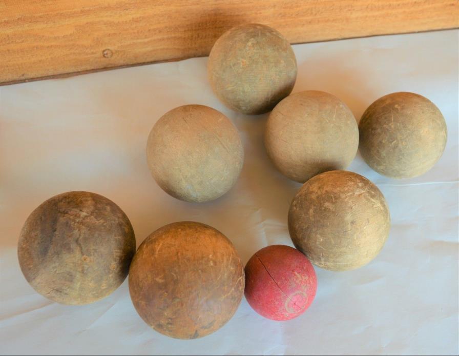 7 Antique VTG Unpainted Wood Balls & 1 Painted Red Wood Target Ball Bocce Skee