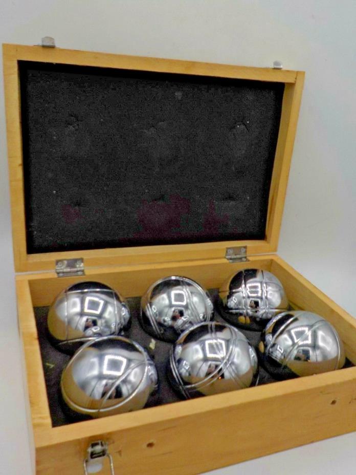 Quality Silver 6 Ball 73MM Petaque Bocce Ball Set 3 Designs 1 Marker Wood Case