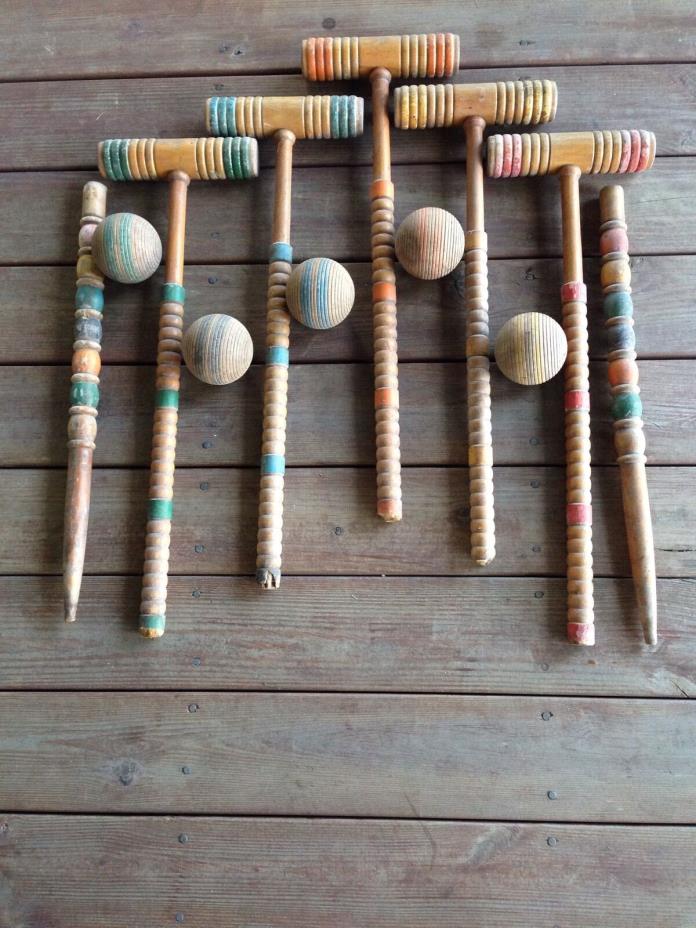 Vintage Wood Croquet Set ~ Balls, Mallets Spiraled Old Paint Primitive Man Cave