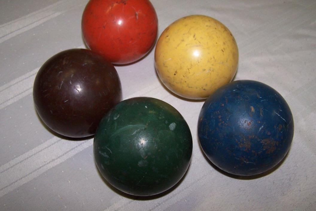 Antique Vintage Set of 5 Solid Color Painted Wooden Croquet Balls