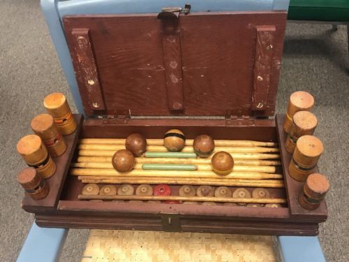 VINTAGE ANTIQUE PRIMITIVE CHILDS CROQUET SET VICTORIAN WOODEN BOX