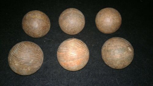 VINTAGE / PRIMITIVE - 6 WOODEN CROQUET BALLS RIBBED & DOUBLED STRIPED  20s - 30s
