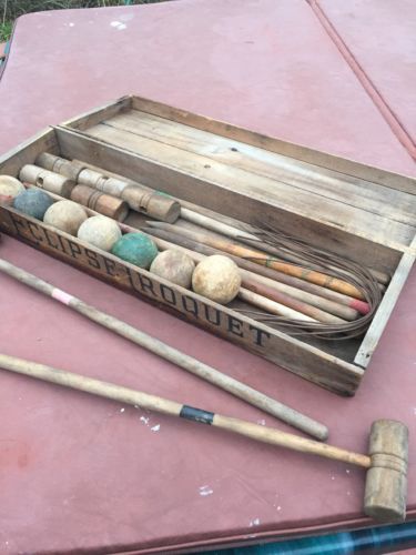 VINTAGE CROQUET SET IN WOODEN BOX 7 mallets 7 balls two stakes wickets Eclipse