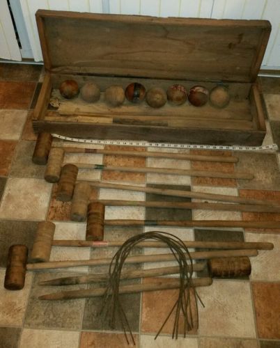 Vintage original wood croquet game set wood box balls LOT