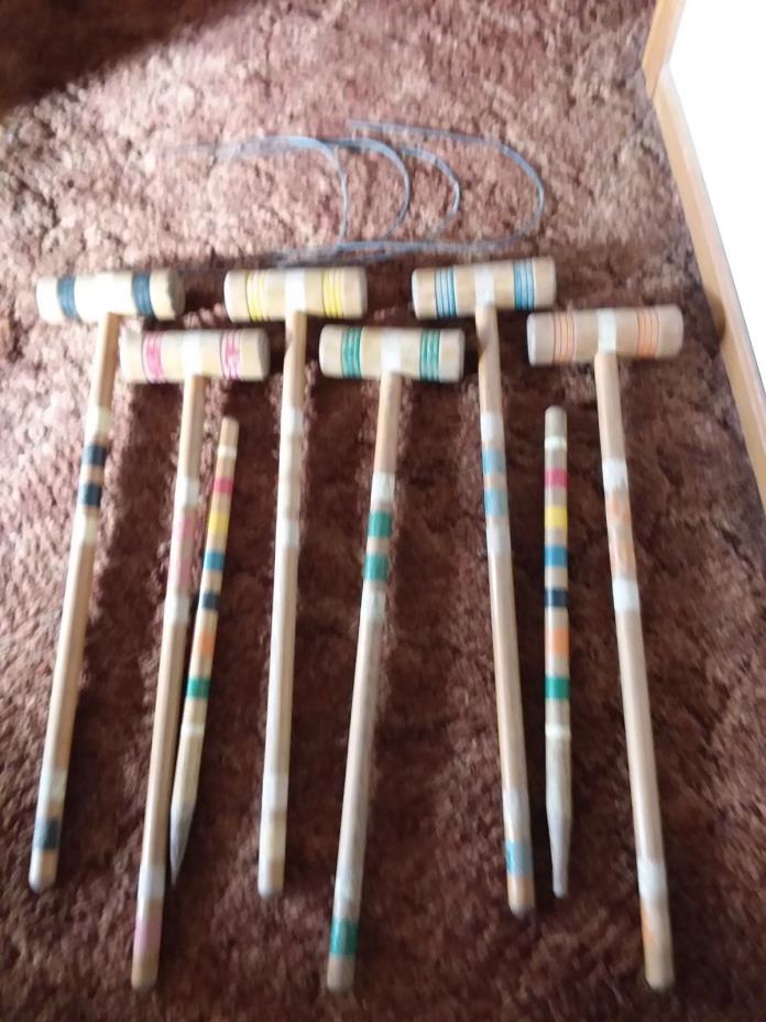 6 Vintage Wooden Croquet Mallets & 2 stakes Multi-Colored stripes