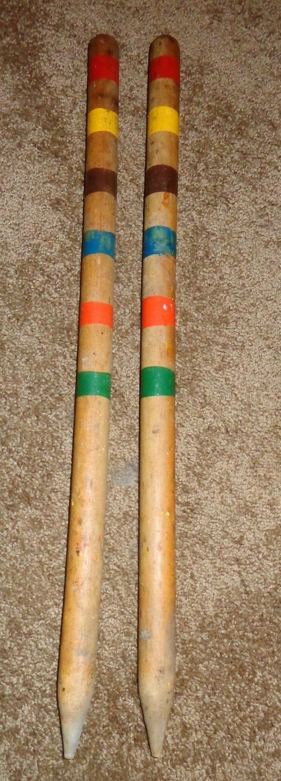 2 OLD VINTAGE WOOD CROQUET SET STAKES WOODEN 20 3/8