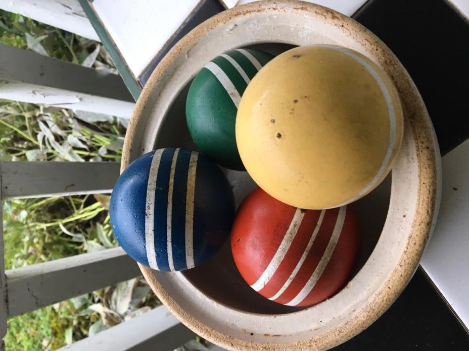 Set of FOUR Vintage Wood Croquet Balls Ribbed Stripes...fun stuff possibilities