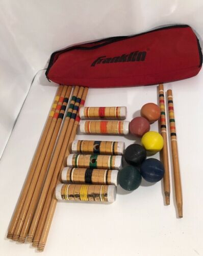 Croquet VINTAGE WOOD CROQUET SET MALLETS, BALLS, Two wood stakes Franklin