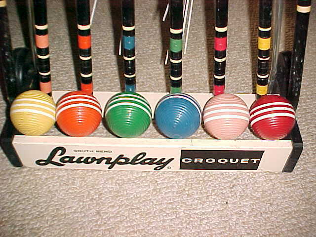 Vintage South Bend Lawnplay Wooden Croquet Set Wheeled Stand Striped Balls NICE