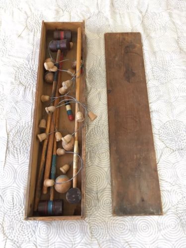 Antique LINE Wood Parlor Croquet Set In Original Wood Case Box