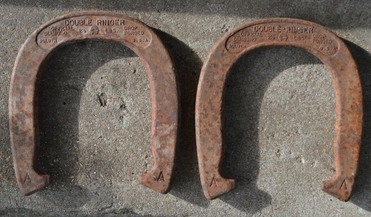 Vintage Pair-DOUBLE RINGER-Drop Forged 2 1/2lb Throwing Pitching Horseshoes