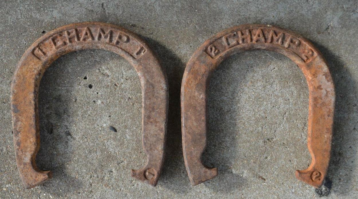 Vintage Pair-Cast Iron CHAMP 1 & CHAMP 2 Throwing Pitching Horseshoes