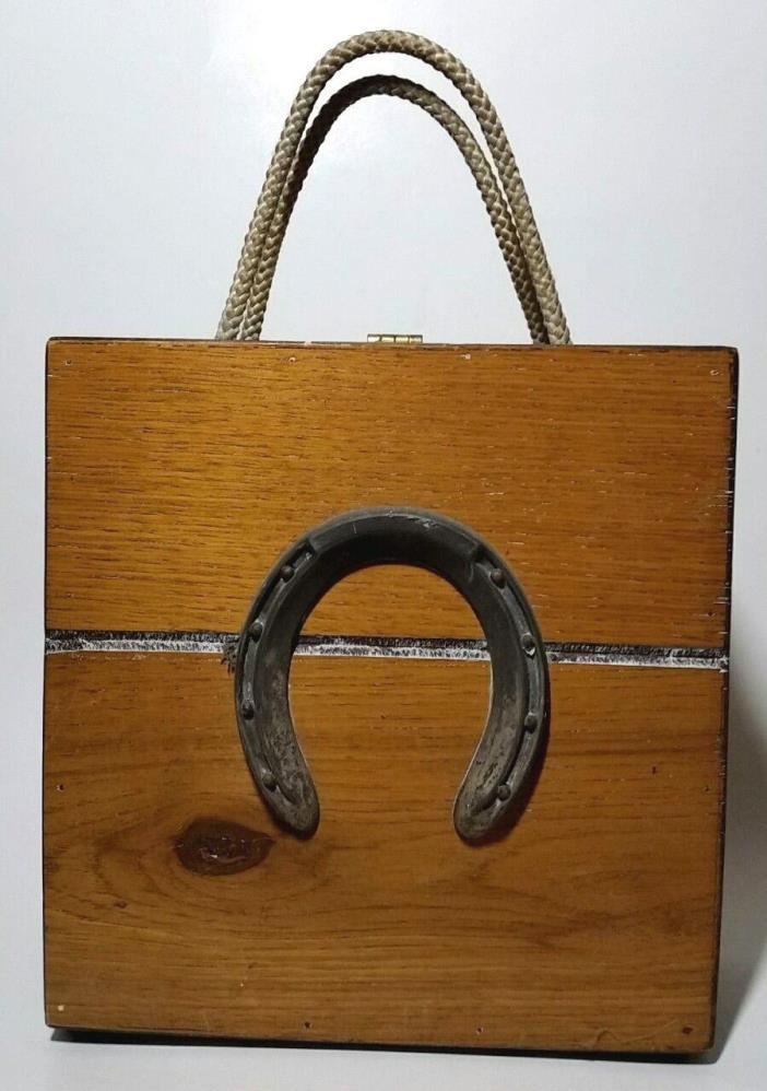 Vtg Mid Century Horseshoe Set Carrier Folk Art Handmade Box Horse Shoe